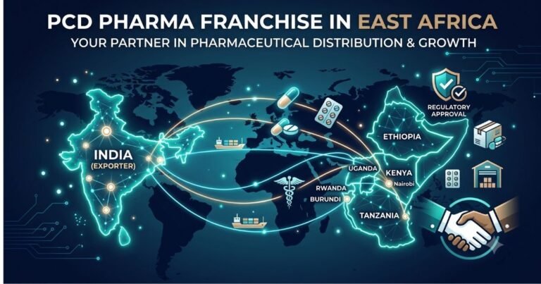 Map of East Africa marking Kenya, Tanzania, Uganda, Rwanda and Ethiopia for pharma franchise territory planning
